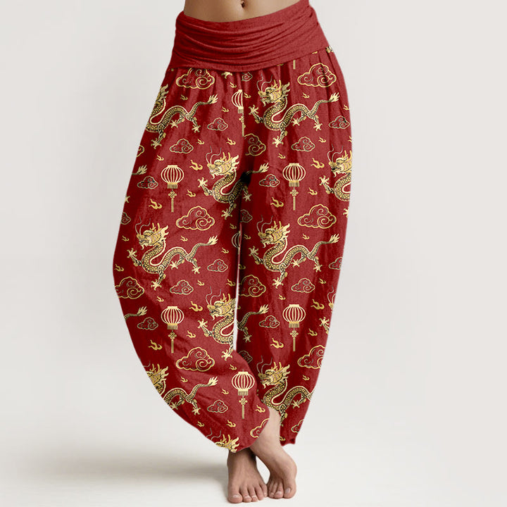 Damen-Haremshose aus Baumwolle mit Buddha Stones -Print, Drachen-, Glückswolken- und Laternenmuster sowie elastischem Bund - Rot - US16, UK/AU20, EU48 (3XL) - image 0