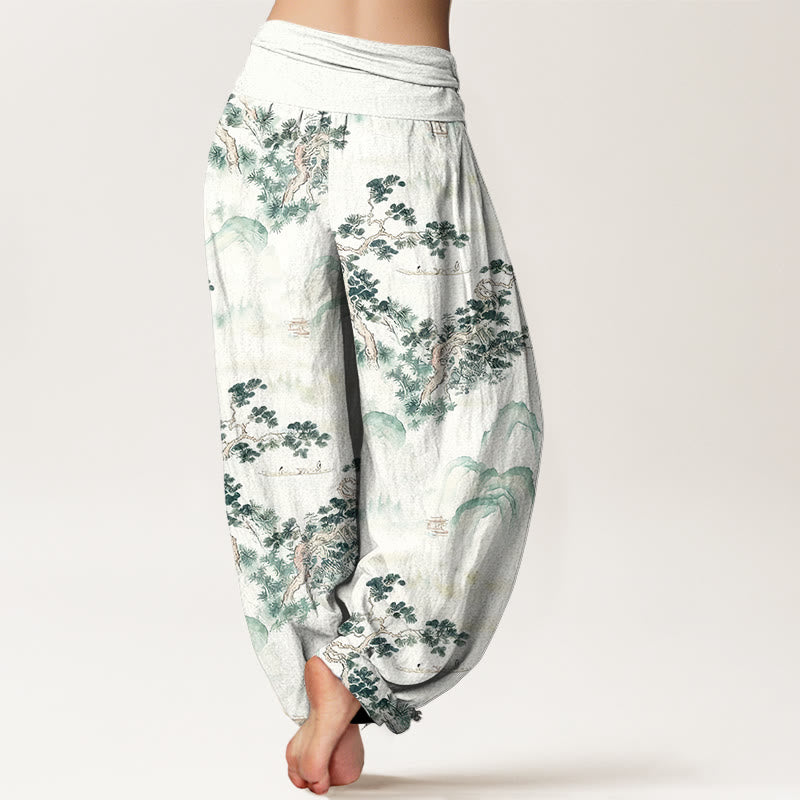 Haremshose mit Buddha Stones -Print, Kiefern- und Bergmotiven, aus reiner Baumwolle, elastischer Bund, für Damen - image 1