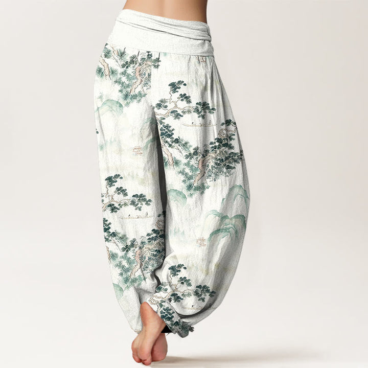 Haremshose mit Buddha Stones -Print, Kiefern- und Bergmotiven, aus reiner Baumwolle, elastischer Bund, für Damen - image 1