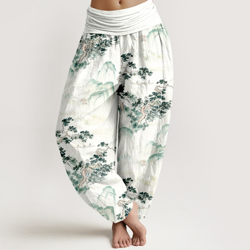 Haremshose mit Buddha Stones -Print, Kiefern- und Bergmotiven, aus reiner Baumwolle, elastischer Bund, für Damen - SeaGreen - US16, UK/AU20, EU48 (3XL) - image 0