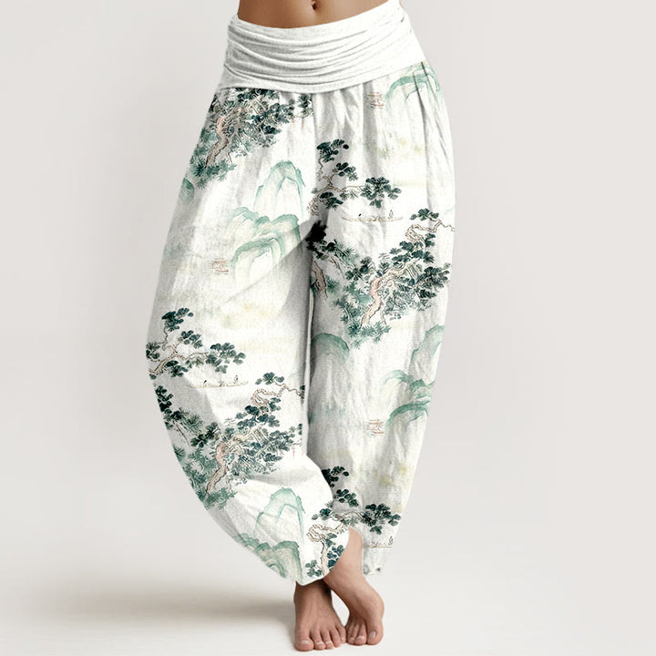 Haremshose mit Buddha Stones -Print, Kiefern- und Bergmotiven, aus reiner Baumwolle, elastischer Bund, für Damen - SeaGreen - US16, UK/AU20, EU48 (3XL) - image 0