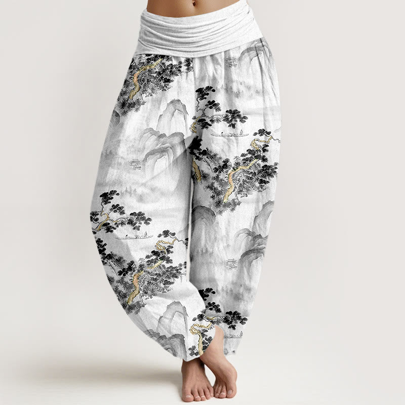 Haremshose mit Buddha Stones -Print, Kiefern- und Bergmotiven, aus reiner Baumwolle, elastischer Bund, für Damen - Schwarz - US16, UK/AU20, EU48 (3XL) - image 5