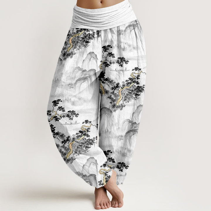 Haremshose mit Buddha Stones -Print, Kiefern- und Bergmotiven, aus reiner Baumwolle, elastischer Bund, für Damen - Schwarz - US16, UK/AU20, EU48 (3XL) - image 5