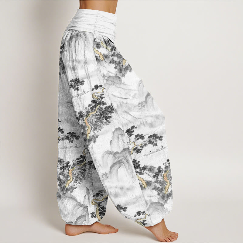 Haremshose mit Buddha Stones -Print, Kiefern- und Bergmotiven, aus reiner Baumwolle, elastischer Bund, für Damen - image 7