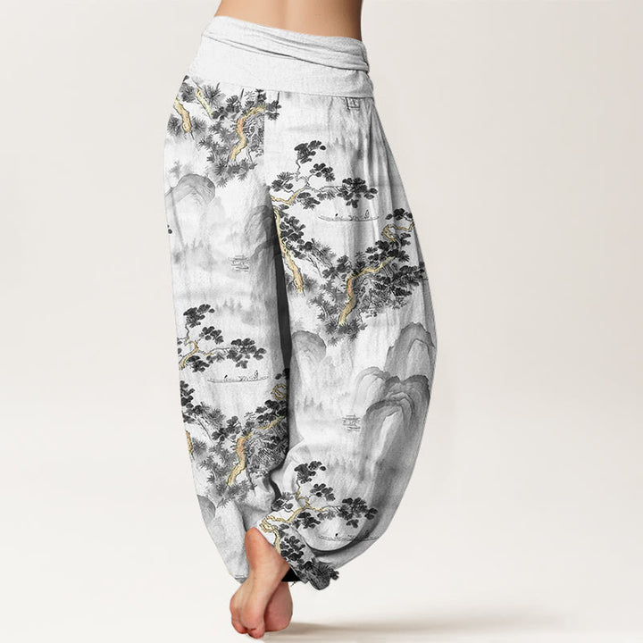 Haremshose mit Buddha Stones -Print, Kiefern- und Bergmotiven, aus reiner Baumwolle, elastischer Bund, für Damen - image 6