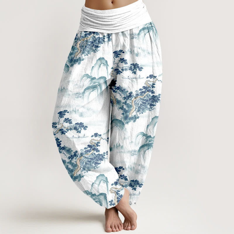 Haremshose mit Buddha Stones -Print, Kiefern- und Bergmotiven, aus reiner Baumwolle, elastischer Bund, für Damen - Himmelblau - US16, UK/AU20, EU48 (3XL) - image 8