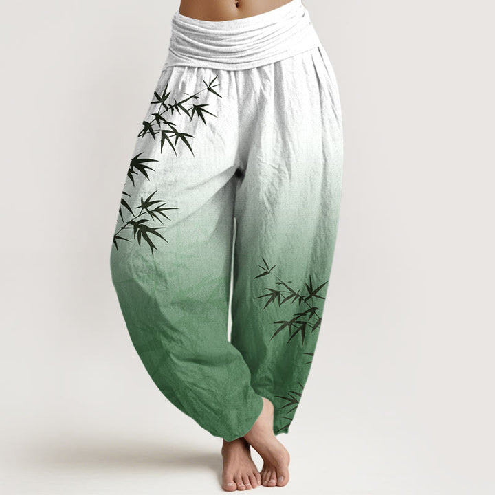 Lässige Haremshose mit Buddha Stones, Bambusblättern und Farbverlaufsmuster aus reiner Baumwolle, elastischer Bund für Damen - Mittelseegrün - US16, UK/AU20, EU48 (3XL) - image 0