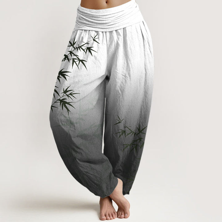 Lässige Haremshose mit Buddha Stones, Bambusblättern und Farbverlaufsmuster aus reiner Baumwolle, elastischer Bund für Damen - Schwarz - US16, UK/AU20, EU48 (3XL) - image 5