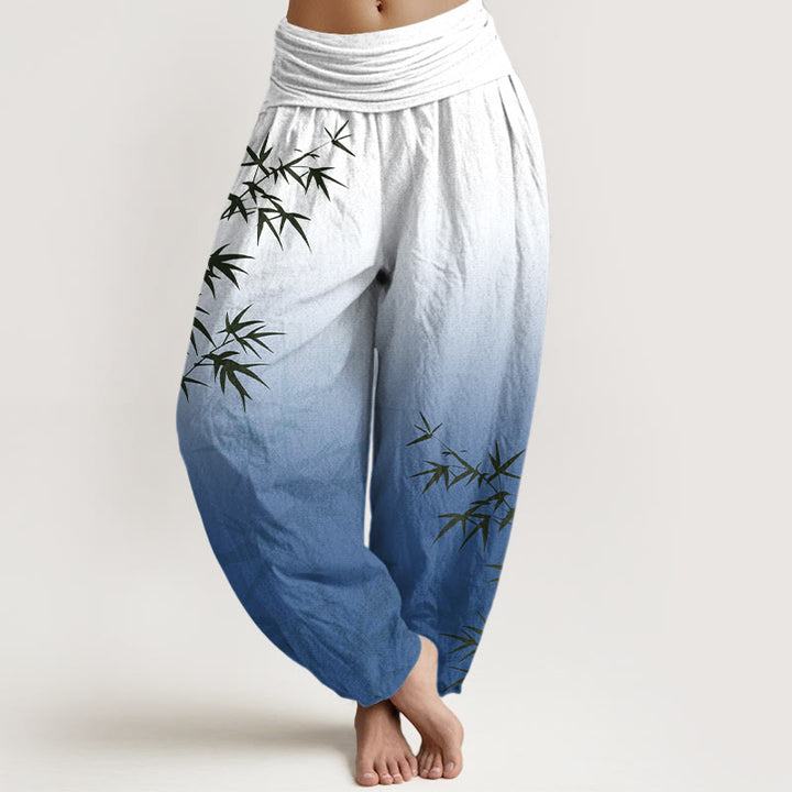Lässige Haremshose mit Buddha Stones, Bambusblättern und Farbverlaufsmuster aus reiner Baumwolle, elastischer Bund für Damen - Königsblau - US16, UK/AU20, EU48 (3XL) - image 8