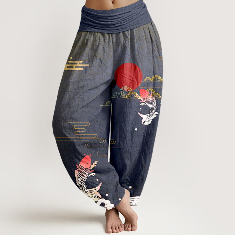 Buddha Stones, Koi-Karpfen, rote Sonne, Wellen, Wolken – Damen-Haremshose aus reiner Baumwolle mit elastischem Bund. - Hellschiefergrau - US16, UK/AU20, EU48 (3XL) - image 0