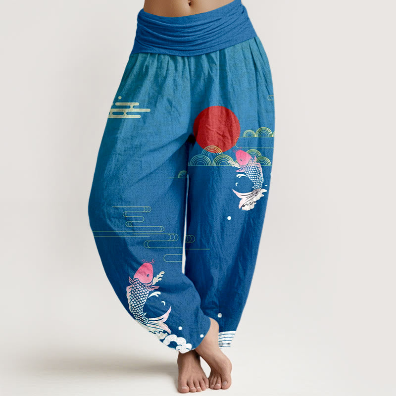 Buddha Stones, Koi-Karpfen, rote Sonne, Wellen, Wolken – Damen-Haremshose aus reiner Baumwolle mit elastischem Bund. - SteelBlue - US16, UK/AU20, EU48 (3XL) - image 5