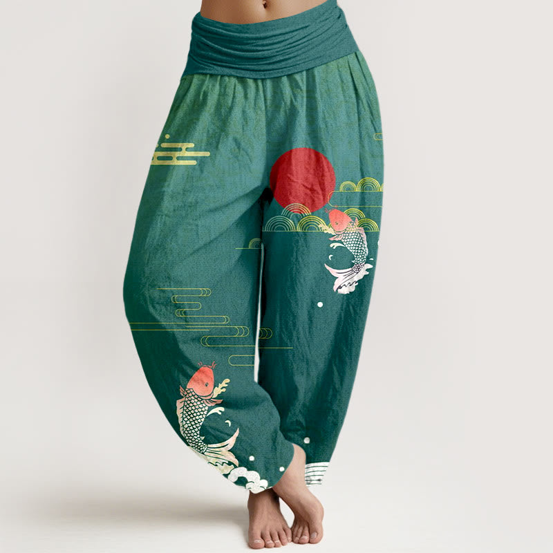 Buddha Stones, Koi-Karpfen, rote Sonne, Wellen, Wolken – Damen-Haremshose aus reiner Baumwolle mit elastischem Bund. - Dunkelcyan - US16, UK/AU20, EU48 (3XL) - image 8