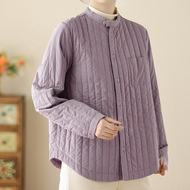 Buddha Stones Damen-Thermojacke aus Baumwolle mit Stehkragen, schlichtem Design, langen Ärmeln und Tasche - image 3