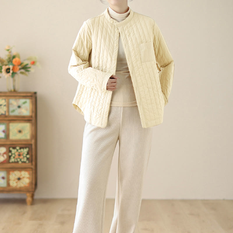 Buddha Stones Damen-Thermojacke aus Baumwolle mit Stehkragen, schlichtem Design, langen Ärmeln und Tasche - image 10