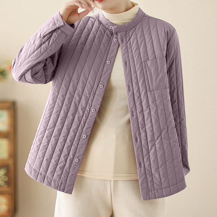 Buddha Stones Damen-Thermojacke aus Baumwolle mit Stehkragen, schlichtem Design, langen Ärmeln und Tasche - image 2