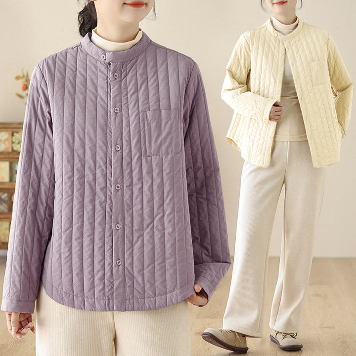 Buddha Stones Damen-Thermojacke aus Baumwolle mit Stehkragen, schlichtem Design, langen Ärmeln und Tasche - image 17