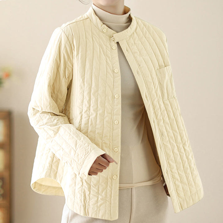 Buddha Stones Damen-Thermojacke aus Baumwolle mit Stehkragen, schlichtem Design, langen Ärmeln und Tasche - image 9