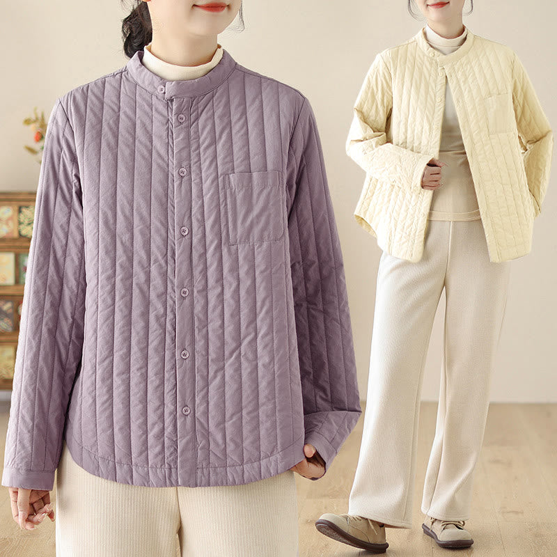 Buddha Stones Damen-Thermojacke aus Baumwolle mit Stehkragen, schlichtem Design, langen Ärmeln und Tasche - image 17