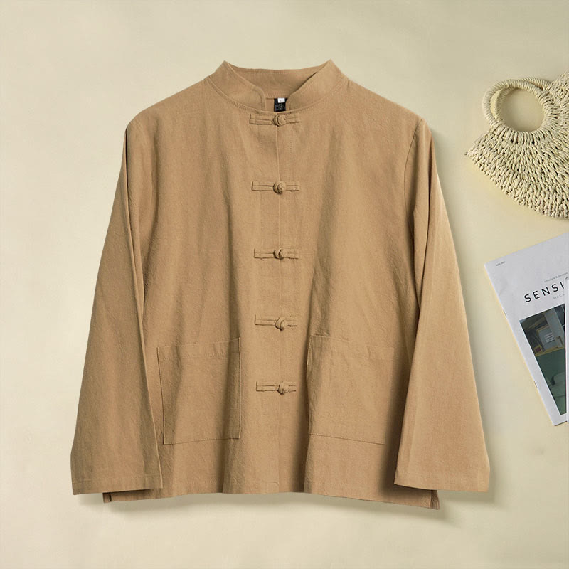 Buddha Stones Ethnic Frog-Button Langarm-Stehkragen Damen-Baumwollhemd mit Taschen - Dunkelgoldenrod - US12, UK/AU16, EU44 (2XL) - image 0