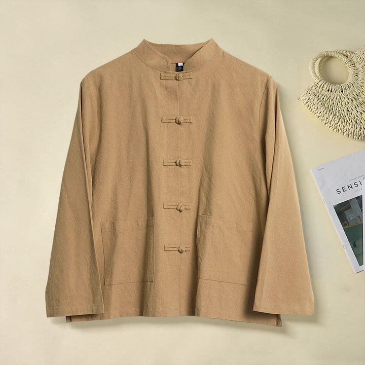 Buddha Stones Ethnic Frog-Button Langarm-Stehkragen Damen-Baumwollhemd mit Taschen - Dunkelgoldenrod - US12, UK/AU16, EU44 (2XL) - image 0