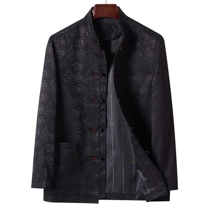 Herren-Tang-Anzugjacke mit Stehkragen, langen Ärmeln und Taschen, verziert mit Buddha Stones -Stickereimuster - Schwarz - US/ UK/AU42, EU52 (3XL) - image 11