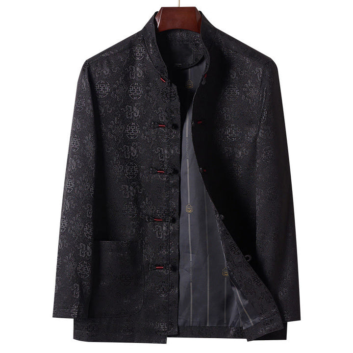 Herren-Tang-Anzugjacke mit Stehkragen, langen Ärmeln und Taschen, verziert mit Buddha Stones -Stickereimuster - Schwarz - US/ UK/AU42, EU52 (3XL) - image 11