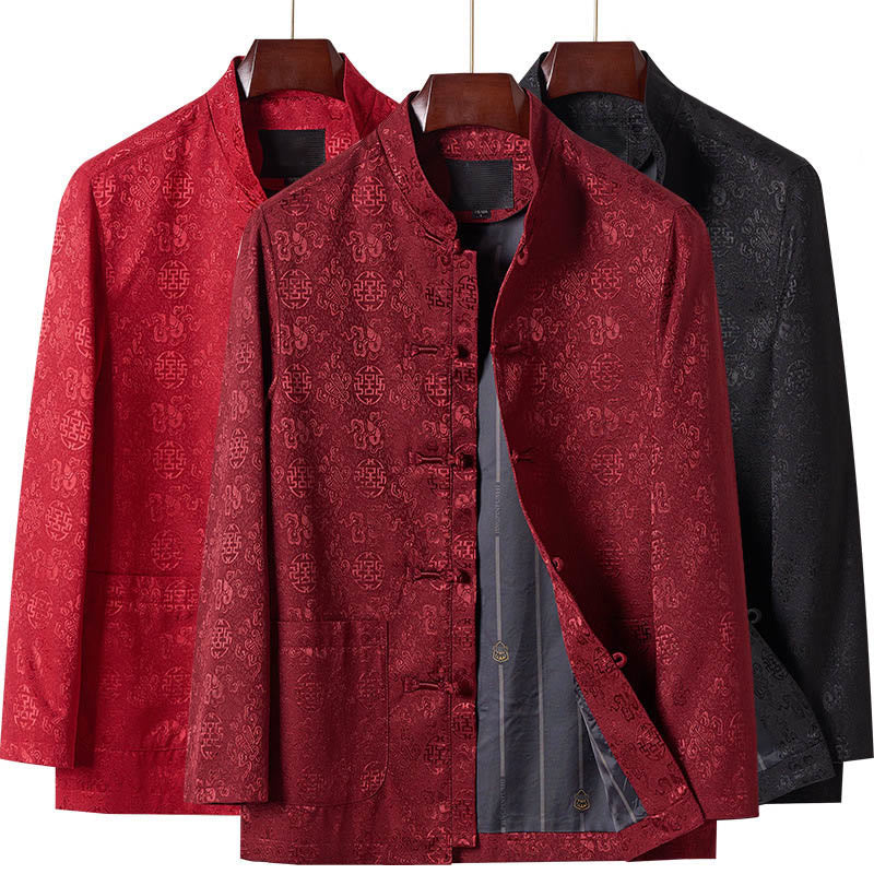Herren-Tang-Anzugjacke mit Stehkragen, langen Ärmeln und Taschen, verziert mit Buddha Stones -Stickereimuster - image 13