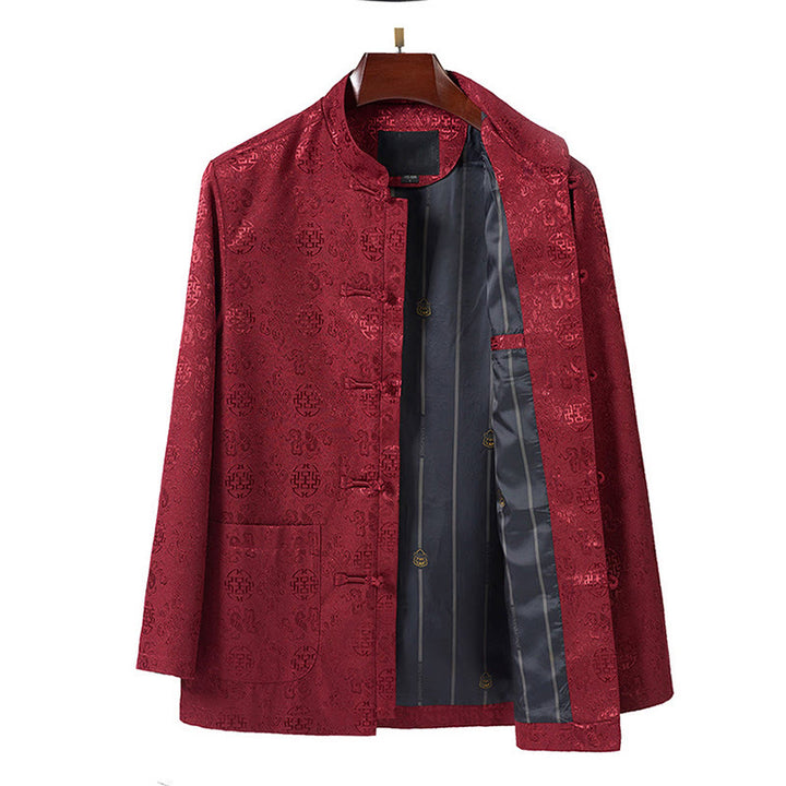 Herren-Tang-Anzugjacke mit Stehkragen, langen Ärmeln und Taschen, verziert mit Buddha Stones -Stickereimuster - image 2