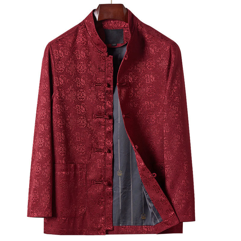 Herren-Tang-Anzugjacke mit Stehkragen, langen Ärmeln und Taschen, verziert mit Buddha Stones -Stickereimuster - Dunkelrot - US/ UK/AU44, EU54 (4XL) - image 1