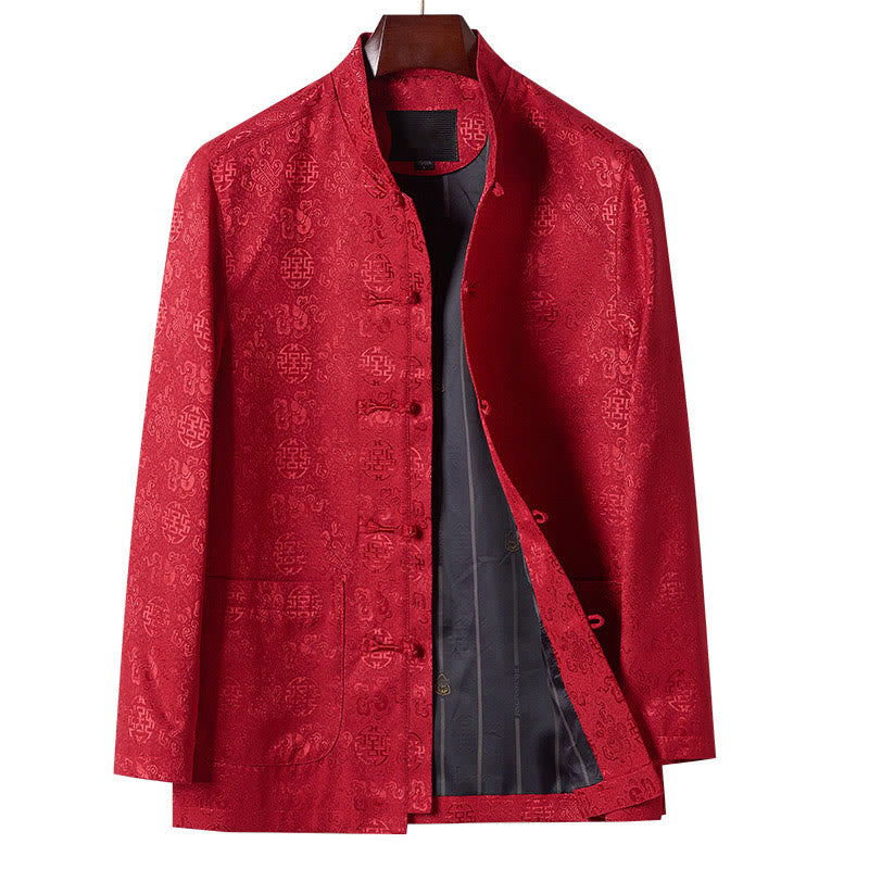 Herren-Tang-Anzugjacke mit Stehkragen, langen Ärmeln und Taschen, verziert mit Buddha Stones -Stickereimuster - Rot - US/ UK/AU44, EU54 (4XL) - image 0