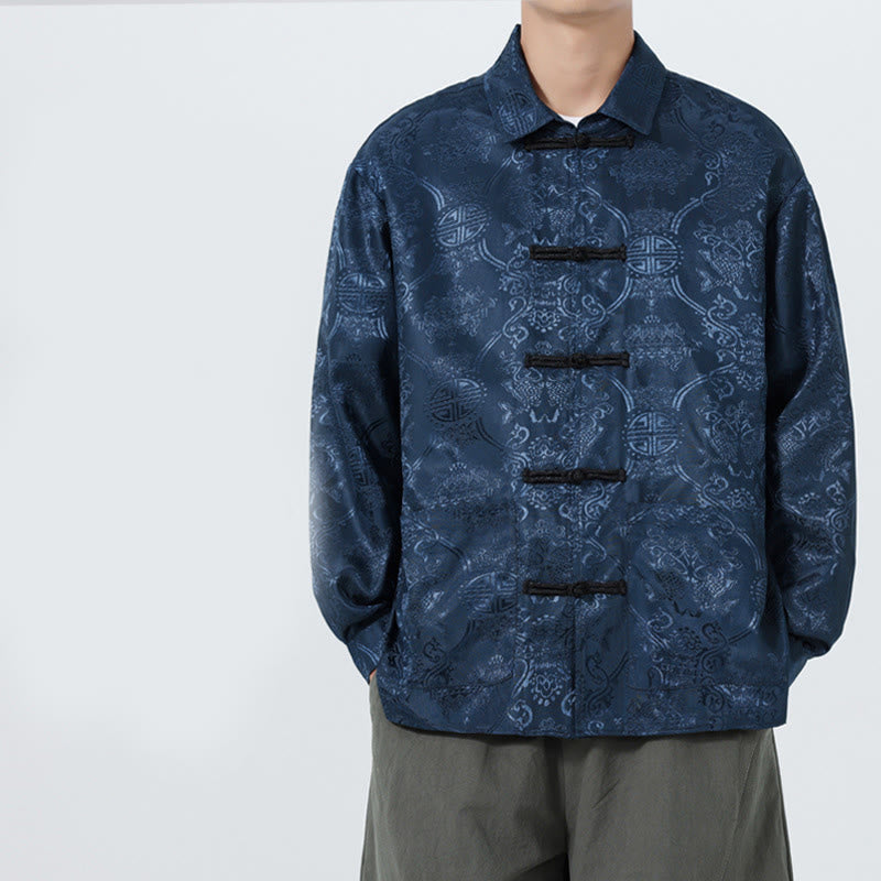 Buddha Stones Spring Jacquard Revers Langarm Herren Tang Anzug Froschknopfjacke mit Taschen - Dunkelblau - US/ UK/AU46, EU56 (5XL) - image 0
