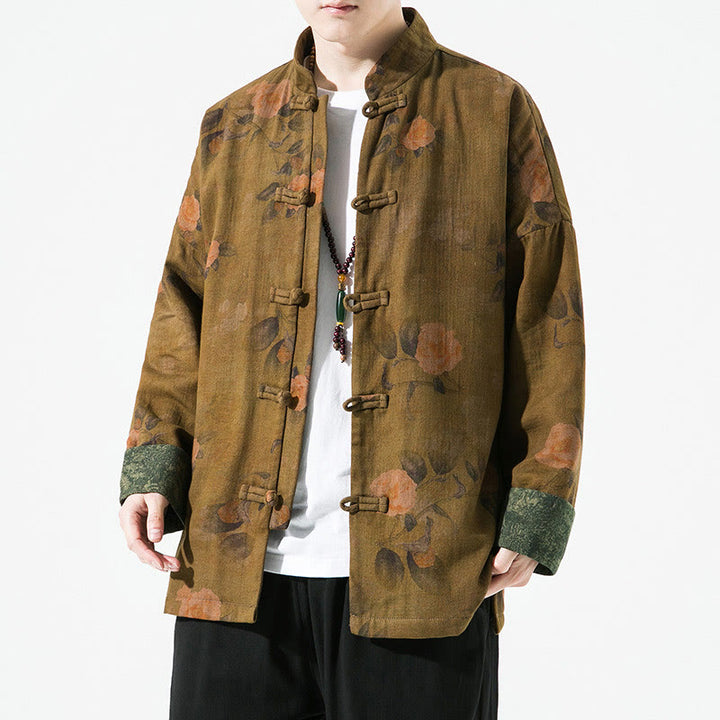 Herren-Baumwolljacke mit langem Ärmel, chinesischem Froschknopfverschluss und Frühlingsmuster mit Buddha Stones, bedruckt mit floralem Muster und chinesischen Froschknöpfen - Dunkelgoldenrod - US/ UK/AU46, EU56 (5XL) - image 9