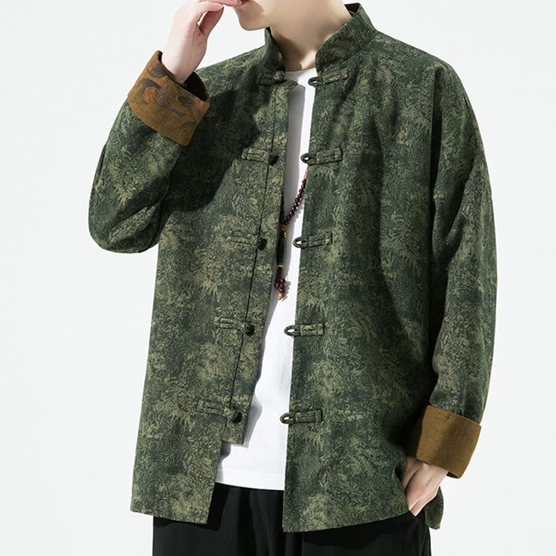 Herren-Baumwolljacke mit langem Ärmel, chinesischem Froschknopfverschluss und Frühlingsmuster mit Buddha Stones, bedruckt mit floralem Muster und chinesischen Froschknöpfen - image 1