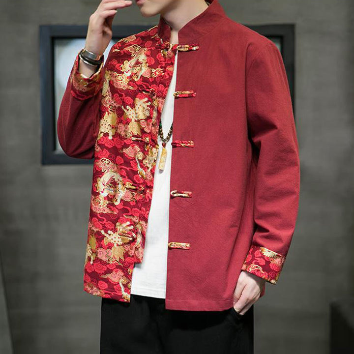 Herren-Baumwolljacke mit Buddha Stones -Print, kontrastfarbenem Drachenmuster, Froschknopfleiste und langen Ärmeln - image 4