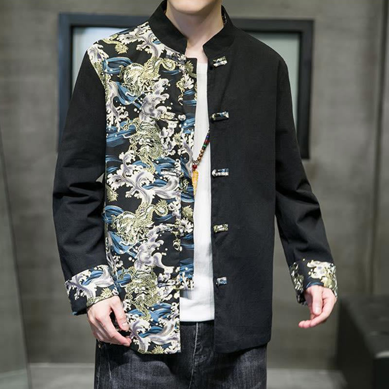 Herren-Baumwolljacke mit Buddha Stones -Print, kontrastfarbenem Drachenmuster, Froschknopfleiste und langen Ärmeln - image 13