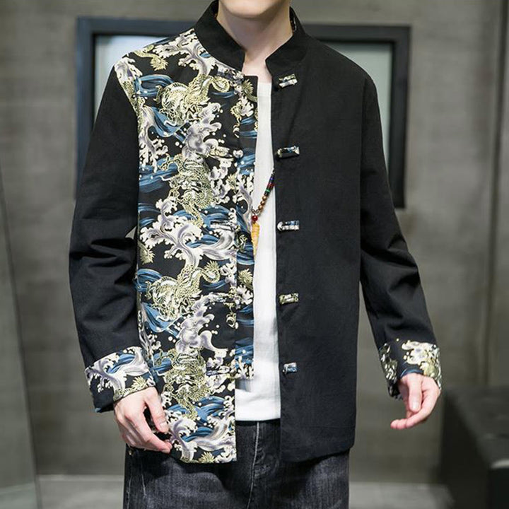 Herren-Baumwolljacke mit Buddha Stones -Print, kontrastfarbenem Drachenmuster, Froschknopfleiste und langen Ärmeln - image 13