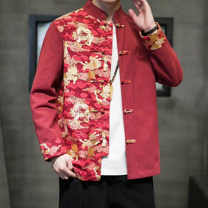 Herren-Baumwolljacke mit Buddha Stones -Print, kontrastfarbenem Drachenmuster, Froschknopfleiste und langen Ärmeln - image 5