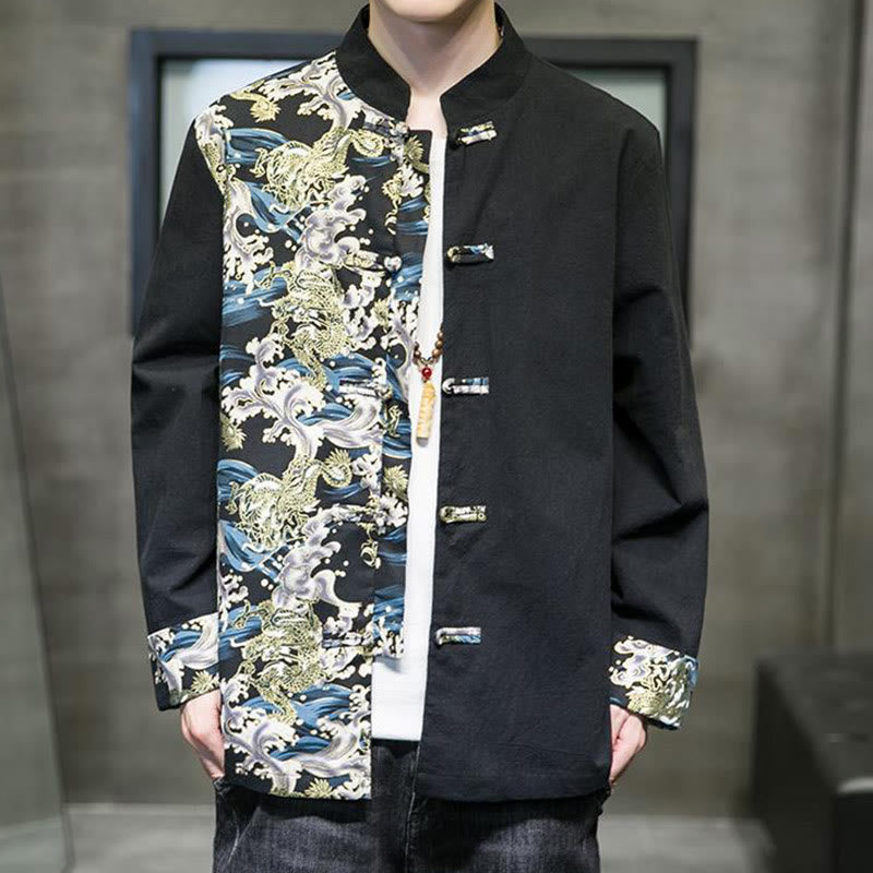 Herren-Baumwolljacke mit Buddha Stones -Print, kontrastfarbenem Drachenmuster, Froschknopfleiste und langen Ärmeln - image 11