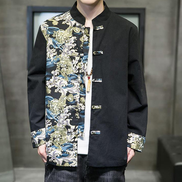 Herren-Baumwolljacke mit Buddha Stones -Print, kontrastfarbenem Drachenmuster, Froschknopfleiste und langen Ärmeln - image 11