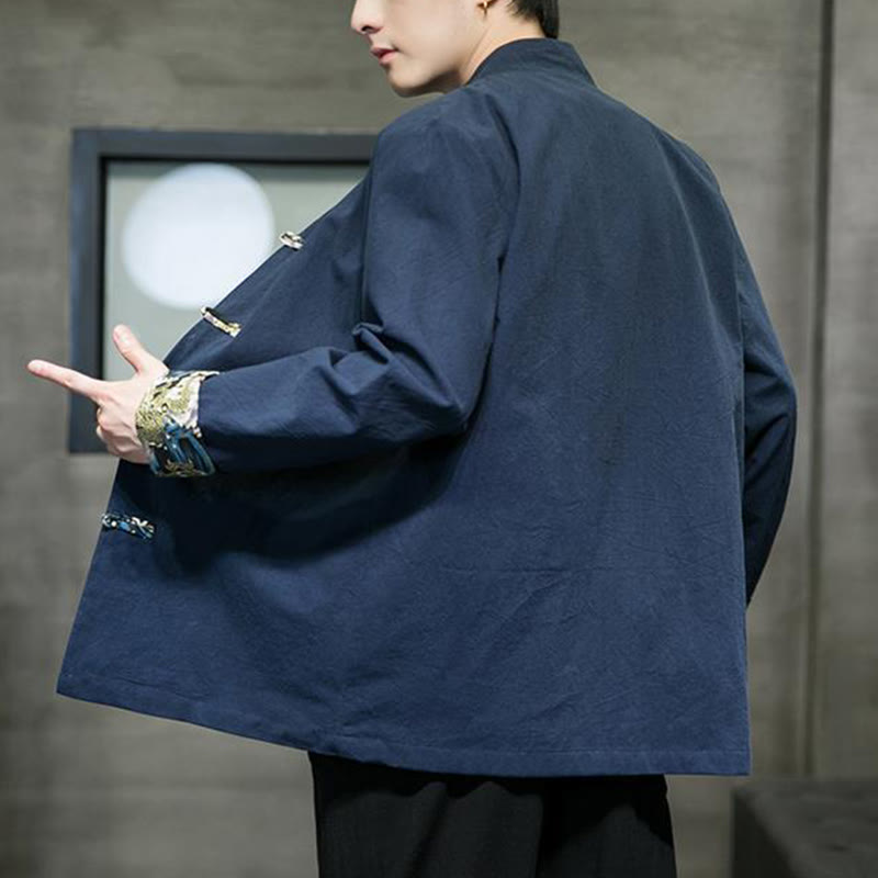 Herren-Baumwolljacke mit Buddha Stones -Print, kontrastfarbenem Drachenmuster, Froschknopfleiste und langen Ärmeln - image 25