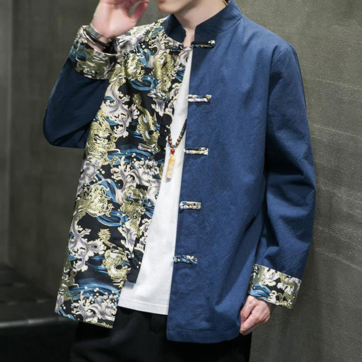 Herren-Baumwolljacke mit Buddha Stones -Print, kontrastfarbenem Drachenmuster, Froschknopfleiste und langen Ärmeln - image 26