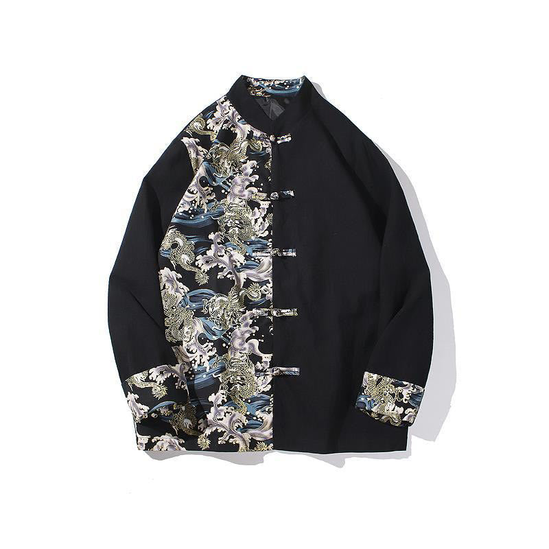 Herren-Baumwolljacke mit Buddha Stones -Print, kontrastfarbenem Drachenmuster, Froschknopfleiste und langen Ärmeln - image 20