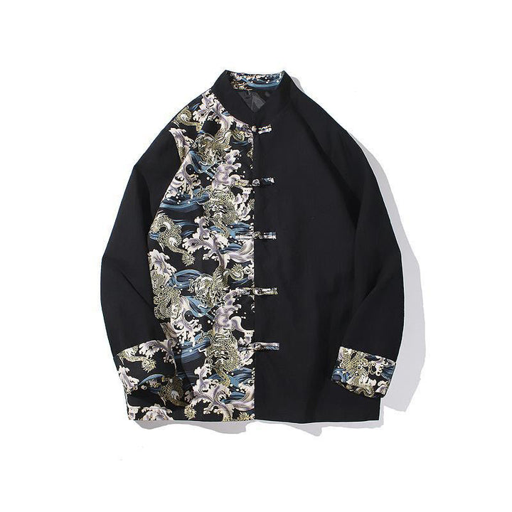 Herren-Baumwolljacke mit Buddha Stones -Print, kontrastfarbenem Drachenmuster, Froschknopfleiste und langen Ärmeln - image 20