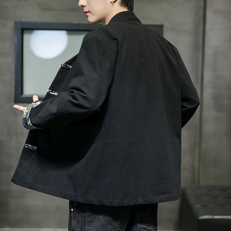 Herren-Baumwolljacke mit Buddha Stones -Print, kontrastfarbenem Drachenmuster, Froschknopfleiste und langen Ärmeln - image 14