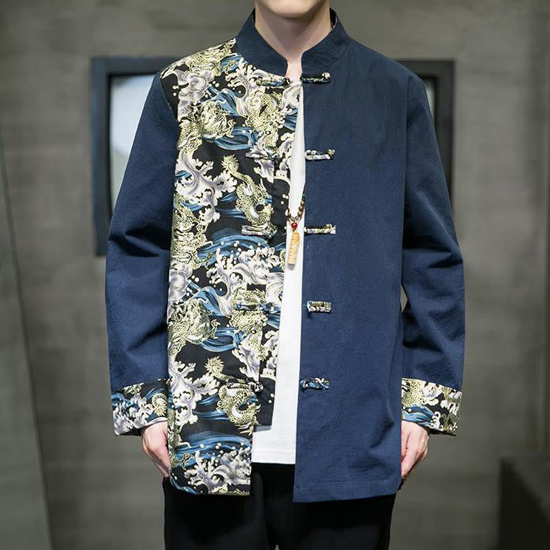 Herren-Baumwolljacke mit Buddha Stones -Print, kontrastfarbenem Drachenmuster, Froschknopfleiste und langen Ärmeln - image 23