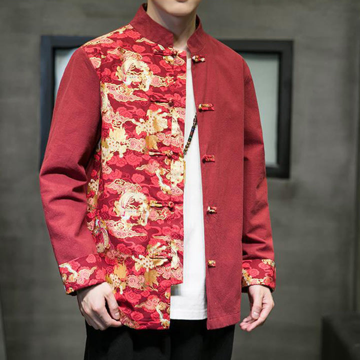 Herren-Baumwolljacke mit Buddha Stones -Print, kontrastfarbenem Drachenmuster, Froschknopfleiste und langen Ärmeln - image 3
