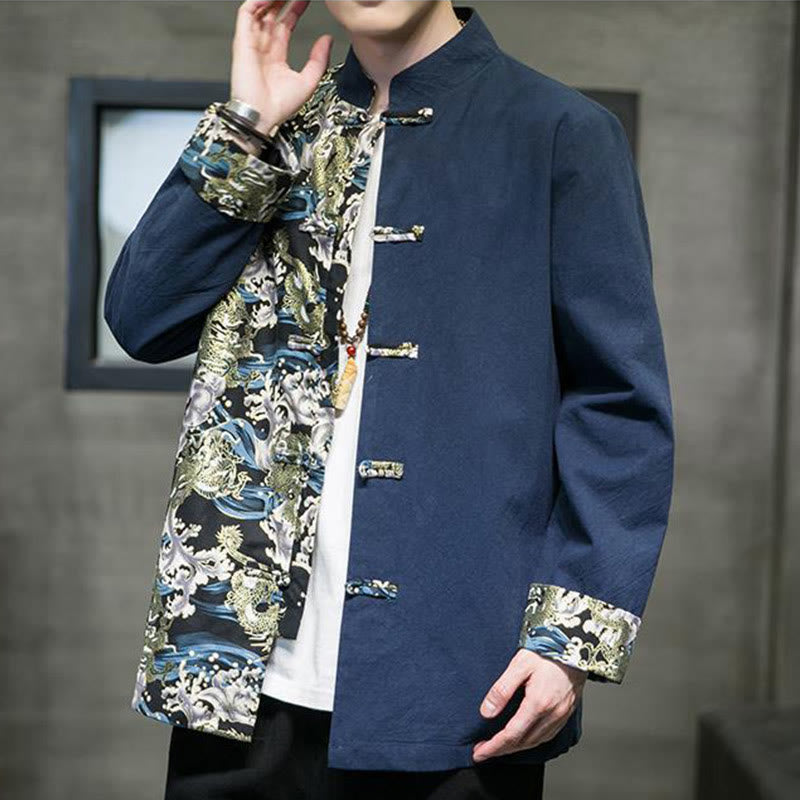 Herren-Baumwolljacke mit Buddha Stones -Print, kontrastfarbenem Drachenmuster, Froschknopfleiste und langen Ärmeln - image 24