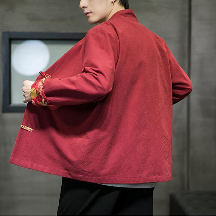 Herren-Baumwolljacke mit Buddha Stones -Print, kontrastfarbenem Drachenmuster, Froschknopfleiste und langen Ärmeln - image 6