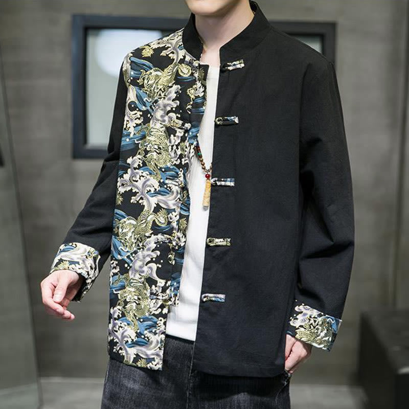 Herren-Baumwolljacke mit Buddha Stones -Print, kontrastfarbenem Drachenmuster, Froschknopfleiste und langen Ärmeln - image 12