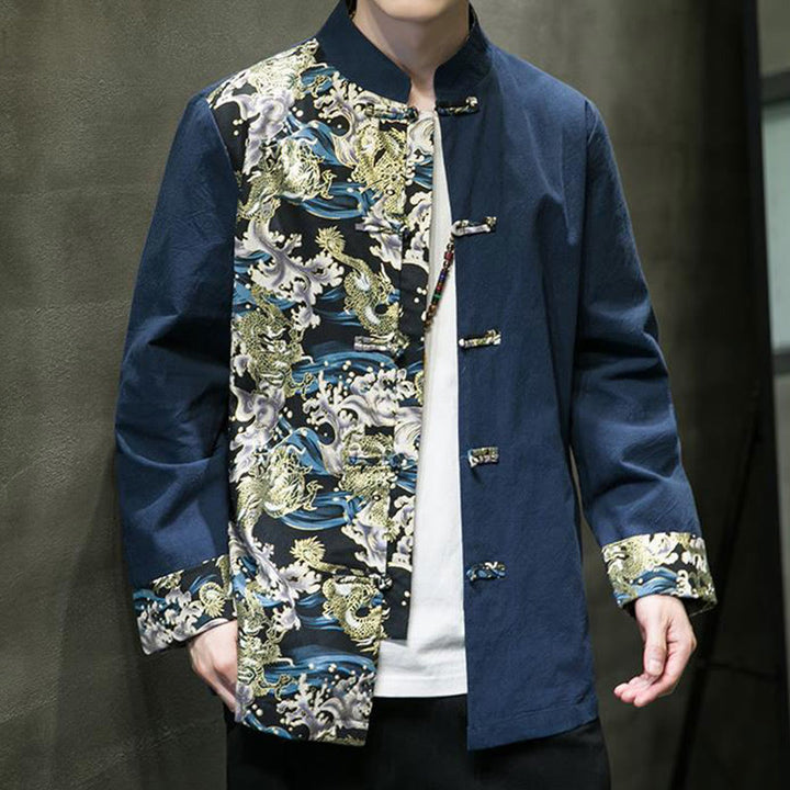 Herren-Baumwolljacke mit Buddha Stones -Print, kontrastfarbenem Drachenmuster, Froschknopfleiste und langen Ärmeln - image 27